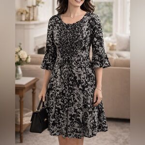 Chris McLaughlin Black & Gray Scroll Print Ruffle Front Dress | 10P Petite